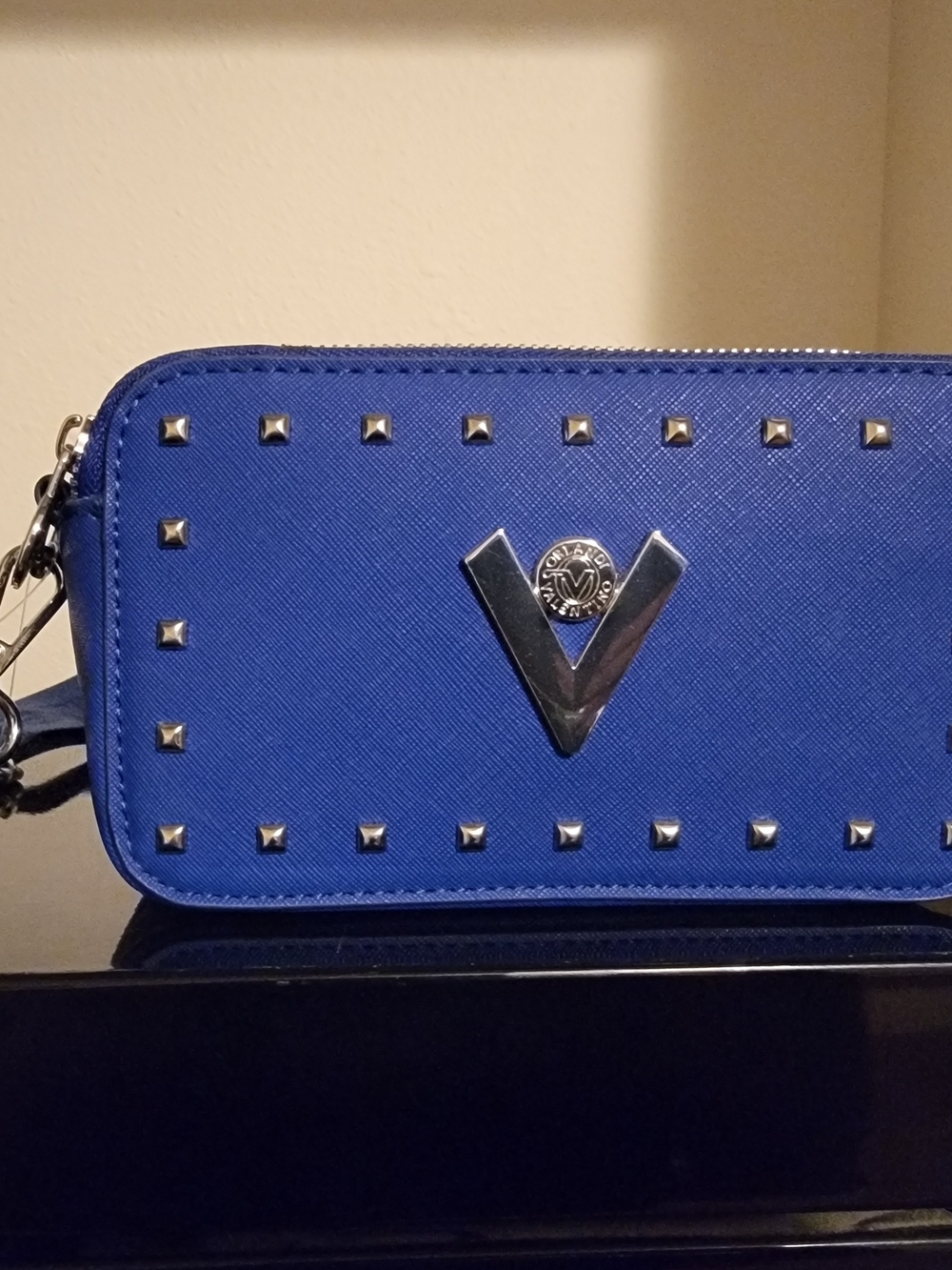 Valentino Orlandi Cobalt Blue Studded Wristlet with Silver V Emblem
